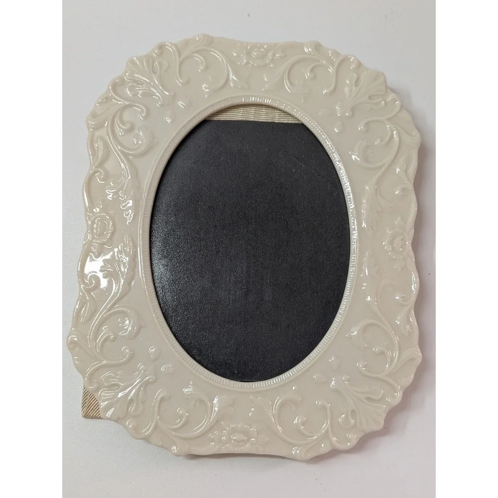 Vintage Lenox Ivory Porcelain Oval Picture Frame Embossed Floral Scroll Tabletop